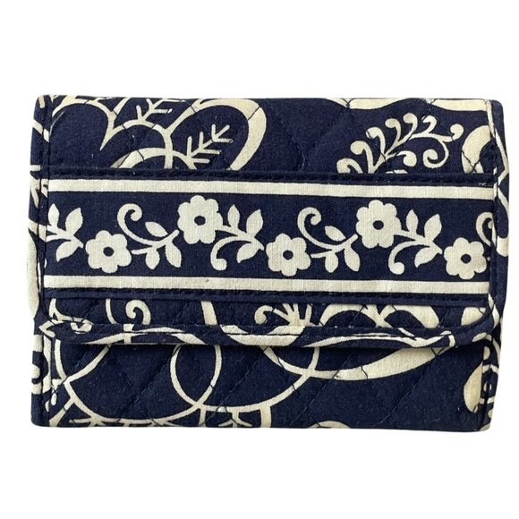 Vera Bradley Twirly Birds Navy Quilted Fabric Wallet Snap Closure ID Window - Picture 1 of 5